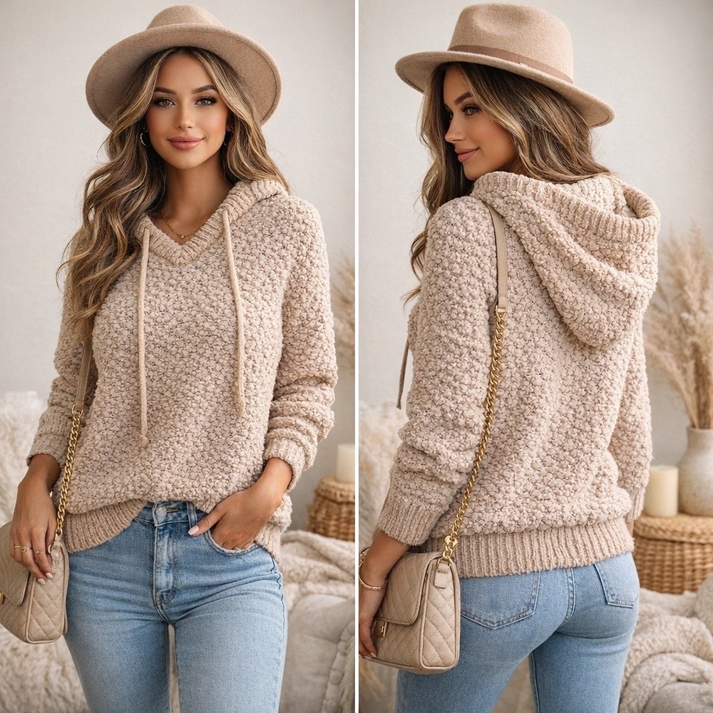 Knox Rose Women Tan Popcorn Knit Pullover Hoodie Sweater Beige Size M - Picture 2 of 5